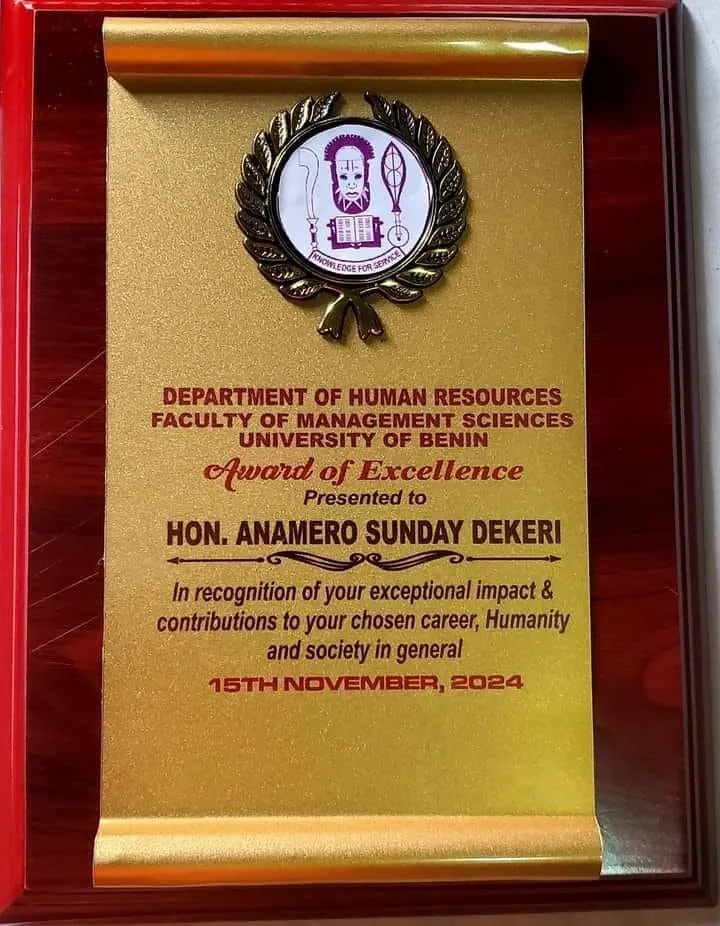 Hon Anamero award from UNIBEN